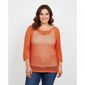 Tribal Tunic Sweater Women Large Orange Open Knit Long Sleeves Pullover‎ Boho